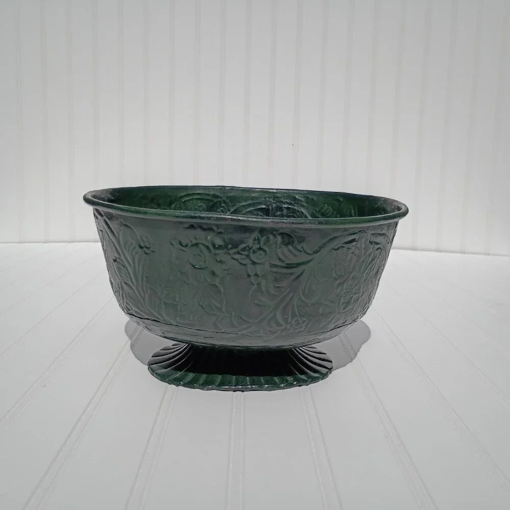 Vintage Floral Embossed Green Metal Oval Planter Cast Brass Pedestal Bowl MCM